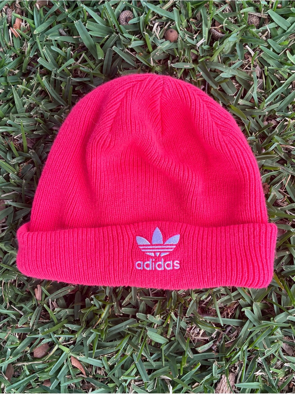 Neon Pink Knit Beanie white adidas Logo